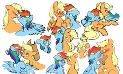 Size: 7464x4500 | Tagged: safe, artist:chub-wub, derpibooru import, applejack, rainbow dash, earth pony, pegasus, pony, appledash, applejack's hat, bedroom eyes, blushing, boop, cowboy hat, cute, dashabetes, duo, eyes closed, female, grin, hat, image, jackabetes, jpeg, kissing, lesbian, mare, noseboop, one eye closed, shipping, simple background, sleeping, smiling, white background, wink