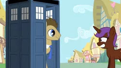Size: 1280x720 | Tagged: safe, artist:mlp-silver-quill, derpibooru import, doctor whooves, time turner, oc, oc:eliyora, after the fact, after the fact:it ain't easy being breezies, cute, doctor who, image, ocbetes, png, ponyville, squee, tardis