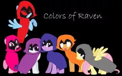 Size: 1155x720 | Tagged: safe, derpibooru import, applejack, fluttershy, pinkie pie, rainbow dash, rarity, twilight sparkle, earth pony, pegasus, pony, unicorn, angry, black background, bucktooth, cloak, clothes, colors of raven, cute, dc comics, derp, diapinkes, eyelashes, flying, frown, gritted teeth, image, jpeg, passion, purple eyelashes, raised hoof, raven (dc comics), red eyes, sad, shyabetes, simple background, smiling, spread wings, teen titans go, teeth, text, twilight sparkle is not amused, unamused, unicorn twilight, voice actor joke, wings