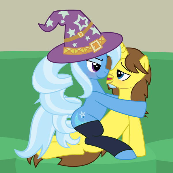 Size: 1920x1920 | Tagged: suggestive, artist:culu-bluebeaver, artist:grapefruit-face, derpibooru import, trixie, oc, oc:grapefruit face, pony, canon x oc, clothes, duo, female, grapexie, image, looking at each other, looking at someone, male, png, shipping, sitting on lap, socks, stockings, straight, thigh highs