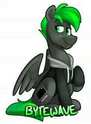 Size: 2241x3041 | Tagged: safe, artist:luximus17, derpibooru import, oc, oc:bytewave, unofficial characters only, pegasus, pony, 3/4 view, badge, bags under eyes, clothes, commission, con badge, eyebrows, eyebrows visible through hair, hoodie, image, jpeg, lidded eyes, looking at you, pegasus oc, raised leg, simple background, sitting, smiling, smiling at you, smirk, solo, spread wings, white background, wings
