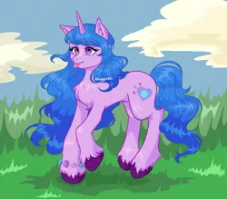 Size: 1200x1050 | Tagged: safe, artist:sluggirl, derpibooru import, izzy moonbow, unicorn, background, cloud, cute, ear fluff, fanart, g5, grass, grass field, hoof fluff, hopping, image, jewelry, png, solo, tongue out