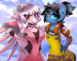 Size: 2579x2058 | Tagged: safe, artist:darkmaxxie, derpibooru import, oc, oc:ophelia, oc:petal brass, unofficial characters only, anthro, earth pony, hippogriff, anthro oc, breasts, brigitte, cap, clothes, cloud, cute, earth pony oc, hat, hug, image, looking at you, mercy, overwatch, piercing, pink, png, posing for photo, rope, sky, smiling, solo, video game