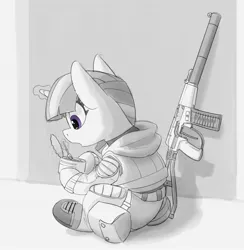 Size: 2678x2741 | Tagged: safe, artist:pabbley, derpibooru import, twilight sparkle, pony, unicorn, as val, eating, female, food, grayscale, gun, image, jpeg, mare, monochrome, neo noir, partial color, rifle, sitting, solo, tin can, unicorn twilight, weapon