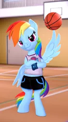 Size: 1080x1920 | Tagged: safe, artist:owlpirate, derpibooru import, rainbow dash, pegasus, pony, 3d, basketball, basketball court, bipedal, clothes, crossed hooves, image, jersey, looking at you, png, shorts, smiling, smiling at you, smirk, solo, source filmmaker, sports, wing hands, wings