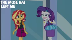 Size: 1280x720 | Tagged: safe, derpibooru import, edit, edited screencap, editor:quoterific, screencap, rarity, sunset shimmer, display of affection, equestria girls, equestria girls series, bracelet, clothes, cutie mark, cutie mark on clothes, duo, duo female, female, geode of empathy, hairpin, image, jewelry, jpeg, leather, leather vest, magical geodes, necklace, open mouth, rarity peplum dress, text, vest