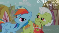 Size: 1280x720 | Tagged: safe, derpibooru import, edit, edited screencap, editor:quoterific, screencap, granny smith, rainbow dash, earth pony, pegasus, pony, season 2, the mysterious mare do well, duo, female, image, jpeg, mare, mouth hold, smiling, text