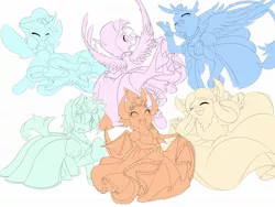 Size: 2000x1500 | Tagged: safe, artist:phoenixperegrine, gallus, ocellus, sandbar, silverstream, smolder, yona, blowing a kiss, clothes, colored sketch, crossdressing, cute, diaocelles, diastreamies, digital art, dress, embarrassed, eyes closed, female, gallabetes, girly, gritted teeth, image, jewelry, jpeg, makeup, necklace, one eye closed, open mouth, patreon, patreon exclusive, patreon reward, princess smolder, sandabetes, smiling, smolderbetes, student six, tiara, underhoof, wink, wip, yonadorable