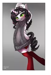 Size: 540x799 | Tagged: artist needed, safe, derpibooru import, oc, oc:reinina hazard, unofficial characters only, pony, unicorn, backless, clothes, image, jpeg, open-back sweater, sleeveless, sleeveless sweater, socks, solo, sweater, thigh highs, virgin killer sweater