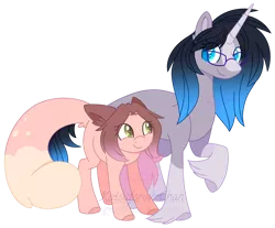 Size: 800x661 | Tagged: safe, artist:katsuforov-chan, derpibooru import, oc, oc:cinnamon fawn, oc:sapphire belle, unofficial characters only, chinchilla, clydesdale, hybrid, pony, unicorn, base used, big ears, blaze (coat marking), coat markings, colored eyelashes, colored horn, colored pupils, cute, duo, duo female, ear fluff, eye clipping through hair, facial markings, female, floppy ears, fluffy tail, freckles, glasses, gradient mane, gradient tail, height difference, hooves, horn, image, leonine tail, looking at each other, looking at someone, png, ponysona, raised hoof, reference used, shy, simple background, size difference, smiling, smiling at each other, socks (coat marking), tail, transparent background, unshorn fetlocks, watermark