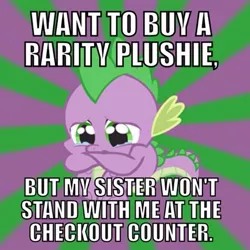 Size: 500x500 | Tagged: safe, derpibooru import, spike, dragon, artifact, brony, brony problems, caption, crying, curled up, fetal position, image, image macro, impact font, implied rarity, jpeg, male, meme, plushie, sad, text