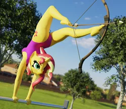 Size: 3840x3320 | Tagged: safe, alternate version, artist:shadowboltsfm, sunset shimmer, anthro, plantigrade anthro, unicorn, 3d, archery, arrow, barefoot, between toes, blender, bow (weapon), bow and arrow, breasts, clothes, different angle, eyelashes, feet, female, flexible, foot hold, high res, huntsman, image, legs, leotard, not sfm, png, smiling, solo, sports, team fortress 2, tree, weapon