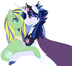 Size: 800x730 | Tagged: safe, artist:katsuforov-chan, derpibooru import, oc, oc:comet rune, oc:lemon pop, unofficial characters only, pony, unicorn, au:equuis, base used, bust, cape, clothes, colored pupils, couple, crown, cute, cutie mark, ear fluff, female, happy, hooves, image, jewelry, looking at each other, looking at someone, male, mare, oc x oc, parent:twilight sparkle, parents:canon x oc, peytral, png, pregnant, redraw, reference used, regalia, shipping, simple background, smiling, smiling at each other, stallion, straight, transparent background, watermark