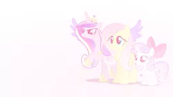 Size: 1366x768 | Tagged: safe, artist:dashiesparkle, artist:incognito-i, artist:synthrid, derpibooru import, edit, editor:computershits, fluttershy, princess cadance, sweetie belle, alicorn, pegasus, pony, unicorn, apple bloom's bow, bow, colored wings, crown, female, filly, foal, folded wings, gradient background, hair bow, hoof shoes, image, jewelry, mare, pink background, png, raised hoof, regalia, shadow, simple background, smiling, sparkles, sparkly eyes, sparkly mane, spread wings, tiara, trio, wallpaper, wallpaper edit, wingding eyes, wings