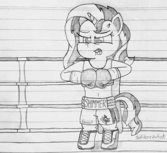 Size: 1280x1175 | Tagged: safe, artist:ct1443ae, derpibooru import, sunset shimmer, semi-anthro, unicorn, angry, boxing, boxing gloves, boxing ring, boxing shorts, clothes, image, jpeg, lined paper, mouth guard, pencil drawing, shoes, shorts, solo, sports, traditional art