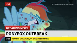 Size: 1280x720 | Tagged: safe, derpibooru import, edit, edited screencap, screencap, rainbow dash, break your own news, breaking news, current events, fly-der bite, image, monkeypox, news, news report, png, pony pox