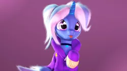 Size: 1280x720 | Tagged: safe, artist:nikosourcepone, derpibooru import, trixie, pony, unicorn, 3d, :p, accessory, alternate hairstyle, babysitter trixie, choker, clothes, cute, diatrixes, female, fluffy mane, hoodie, horn, image, jpeg, looking up, mare, raised hoof, simple background, smiling, solo, source filmmaker, tongue out