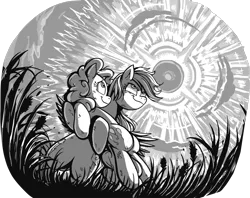 Size: 1336x1056 | Tagged: safe, artist:jowybean, derpibooru import, pinkie pie, rainbow dash, earth pony, pegasus, pony, fanfic:the immortal game, bipedal, commission, duo, duo female, fanfic art, female, from below, grass, grayscale, holding a pony, image, looking up, mare, monochrome, png, smiling, smirk, sonic rainboom