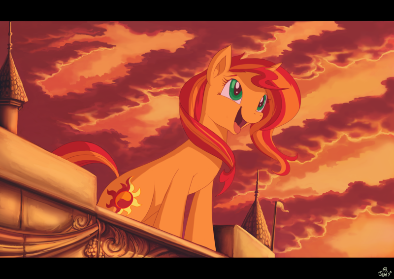 Size: 3508x2480 | Tagged: safe, artist:jowybean, derpibooru import, sunset shimmer, pony, unicorn, cute, female, high res, image, mare, open mouth, png, rooftop, shimmerbetes, sitting, smiling, solo, sunset