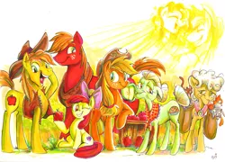 Size: 9705x6997 | Tagged: safe, artist:jowybean, derpibooru import, apple bloom, applejack, big macintosh, braeburn, bright mac, goldie delicious, granny smith, pear butter, cat, earth pony, pony, absurd file size, absurd resolution, apple, apple family, apple siblings, apple sisters, brother and sister, cousins, cowboy hat, eyes closed, female, filly, foal, food, freckles, fruit, grandmother and grandchild, grandmother and granddaughter, grandmother and grandson, hat, image, jpeg, male, mare, one eye closed, open mouth, siblings, sisters, sitting, stallion, stetson, traditional art, wink