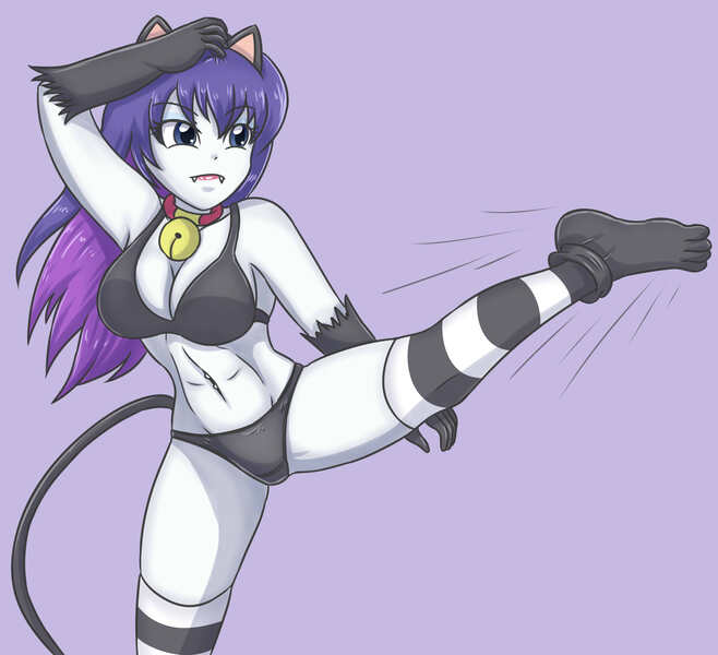 Size: 2874x2622 | Tagged: suggestive, artist:sumin6301, derpibooru import, rarity, cat, equestria girls, bell, bell collar, belly button, breasts, busty rarity, catgirl, clothes, collar, gloves, high kick, image, jpeg, purple background, raricat, simple background, socks, striped stockings