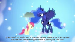 Size: 1440x808 | Tagged: safe, derpibooru import, edit, edited screencap, screencap, apple bloom, princess luna, alicorn, earth pony, pony, bloom and gloom, cloud, dream, dream realm, duo, female, filly, foal, genesis, image, lightning, mad man moon, mare, png, rain, raincloud, sad, song reference, spread wings, text edit, wet, wet mane, wings