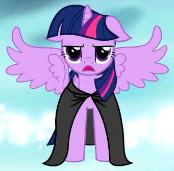 Size: 341x335 | Tagged: safe, artist:melonharmony, derpibooru import, twilight sparkle, twilight sparkle (alicorn), alicorn, pony, cloak, clothes, female, floppy ears, frown, horn, image, jpeg, mare, open mouth, spread wings, twilight sparkle is not amused, unamused, wings, youtube link