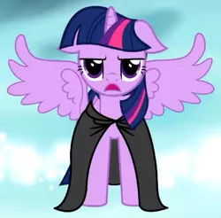 Size: 341x335 | Tagged: safe, artist:melonharmony, derpibooru import, twilight sparkle, twilight sparkle (alicorn), alicorn, pony, cloak, clothes, female, floppy ears, frown, horn, image, jpeg, mare, open mouth, spread wings, twilight sparkle is not amused, unamused, wings, youtube link