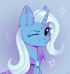 Size: 3300x3480 | Tagged: safe, artist:ske, derpibooru import, trixie, pony, unicorn, bust, ear fluff, image, looking at you, one eye closed, png, portrait, smiling, smiling at you, solo, sparkles, wink, winking at you