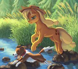 Size: 1800x1600 | Tagged: safe, artist:escapist, derpibooru import, applejack, winona, dog, earth pony, image, jpeg, scenery