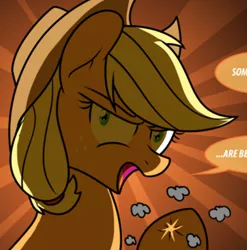 Size: 496x502 | Tagged: safe, artist:ladyanidraws, derpibooru import, edit, applejack, earth pony, pony, applejack's hat, cowboy hat, cropped, dialogue, female, hat, image, mare, png, speech bubble, text, unamused