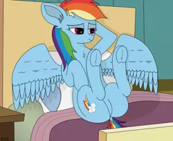 Size: 1024x833 | Tagged: suggestive, artist:tyto4tme4l, derpibooru import, rainbow dash, pony, bed, bedroom eyes, bedsheets, chest fluff, hooves behind head, image, jpeg, laying on bed, legs in air, lying down, on bed, pillow, solo, spread wings, sultry pose, underhoof, wings