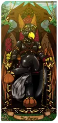 Size: 474x1000 | Tagged: suggestive, artist:twoshoesmcgee, derpibooru import, oc, oc:peregrine, gryphon, chains, collar, crossed legs, crown, dominatrix, image, jewelry, latex, latex suit, looking at you, male, paddle, patreon, patreon logo, png, regalia, signature, sitting, solo, tarot card, the emperor, throne