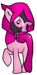 Size: 148x300 | Tagged: safe, artist:manglethemangledtoy, derpibooru import, edit, editor:pagiepoppie12345, pinkie pie, earth pony, pony, cloak, clothes, female, flower, image, mare, png, raised hoof, simple background, smiling, transparent background