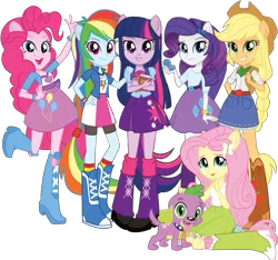 Size: 1213x1136 | Tagged: safe, artist:pascalmulokozi2, derpibooru import, edit, edited screencap, official, screencap, applejack, fluttershy, pinkie pie, rainbow dash, rarity, sci-twi, spike, twilight sparkle, anthro, dog, equestria girls, background removed, belt, book, boots, clothes, cowboy boots, cowboy hat, hat, high heel boots, humane five, humane six, image, looking at you, png, ponied up, shirt, shoes, simple background, skirt, socks, spike the dog, transparent background, vest