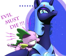 Size: 1739x1499 | Tagged: safe, artist:questionmarkdragon, derpibooru import, nightmare moon, spike, alicorn, dragon, pony, ..., biting, blood, cross-popping veins, dialogue, duo, female, image, male, mare, neck biting, png, simple background, unamused, white background