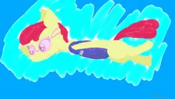 Size: 1024x576 | Tagged: safe, artist:yngmrttt2, derpibooru import, apple bloom, earth pony, pony, clothes, female, filly, foal, goggles, image, jpeg, one-piece swimsuit, solo, swimming, swimming goggles, swimsuit