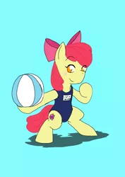 Size: 1451x2048 | Tagged: safe, artist:omegapony16, derpibooru import, apple bloom, earth pony, pony, beach ball, bipedal, blushing, clothes, female, filly, foal, image, jpeg, light blue background, one-piece swimsuit, simple background, smiling, solo, swimsuit