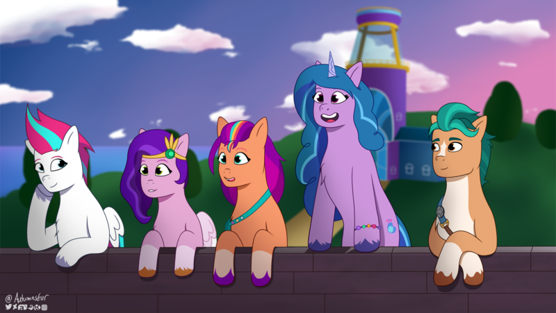 Size: 1469x828 | Tagged: safe, artist:autumnsfur, artist:autumnsfurart, derpibooru import, hitch trailblazer, izzy moonbow, pipp petals, sunny starscout, zipp storm, earth pony, pegasus, pony, unicorn, my little pony: tell your tale, blue hair, blurry background, chest fluff, cloud, cutie mark, dawn, digital art, fanart, female, g5, grass, green hair, hill, hooves, image, lighthouse, looking at something, male, mane five (g5), mare, ocean, open mouth, orange mane, pink mane, pink sky, png, purple hair, red hair, sky, smiling, stallion, sunset, wall, water, white mane