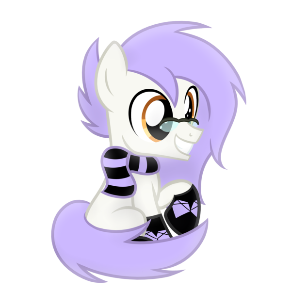 Size: 2000x2000 | Tagged: safe, artist:candy meow, derpibooru import, oc, oc:mockery, unofficial characters only, earth pony, pony, amber eyes, clothes, colt, digital art, earth pony oc, foal, glasses, grin, high res, image, male, mane, png, purple hair, purple mane, purple tail, raised hoof, scarf, simple background, sitting, smiling, socks, solo, tail, transparent background, white body, white fur