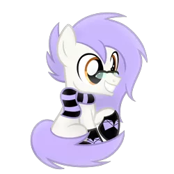 Size: 2000x2000 | Tagged: safe, artist:candy meow, derpibooru import, oc, oc:mockery, unofficial characters only, earth pony, pony, amber eyes, clothes, colt, digital art, earth pony oc, foal, glasses, grin, high res, image, male, mane, png, purple hair, purple mane, purple tail, raised hoof, scarf, simple background, sitting, smiling, socks, solo, tail, transparent background, white body, white fur