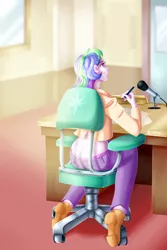 Size: 1600x2400 | Tagged: suggestive, artist:maeveadair, derpibooru import, princess celestia, equestria girls, accidental exposure, ass, butt, buttcrack, casual nudity, chair, clothes, desk, female, image, jacket, nudity, office, panties, pants, paper, partial nudity, pen, png, rear view, solo, underwear