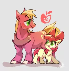 Size: 640x658 | Tagged: safe, artist:sibashen, derpibooru import, apple bloom, applejack, big macintosh, earth pony, pony, adorabloom, apple bloom's bow, apple siblings, apple sisters, bow, brother and sister, cute, female, filly, foal, hair bow, happy, image, jpeg, looking at each other, looking at someone, male, open mouth, open smile, siblings, sisters, smiling, stallion, unshorn fetlocks, wrong eye color