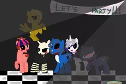 Size: 1024x683 | Tagged: safe, derpibooru import, ponified, earth pony, pegasus, pony, unicorn, balloon boy, bandage, banner, beanie hat, bonnie, chica, crossover, female, five nights at freddy's, five nights at freddy's 2, food, hat, image, jpeg, male, mangle, mare, marionette, party, pizza, puppet, raised hoof, spotlight, stallion, toy bonnie, toy chica, withered, withered bonnie