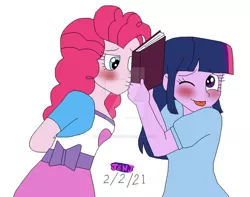 Size: 1280x1009 | Tagged: source needed, safe, artist:resotii, derpibooru import, pinkie pie, twilight sparkle, equestria girls, book, duo, female, image, jpeg, kissing, lesbian, shipping, simple background, solo, twinkie, white background