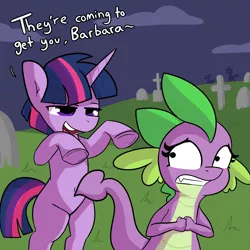 Size: 4500x4500 | Tagged: safe, artist:tjpones, derpibooru import, spike, twilight sparkle, dragon, pony, unicorn, absurd resolution, barb, bipedal, cemetery, dialogue, dragoness, duo, dusk shine, female, image, male, nervous, night of the living dead, parody, png, rule 63, scared, stallion
