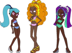 Size: 765x565 | Tagged: safe, artist:icicle-wicicle-1517, artist:yeetmedownthestairs, color edit, derpibooru import, edit, adagio dazzle, aria blaze, sonata dusk, human, belly button, bikini, clothes, collaboration, colored, dark skin, feet, female, flats, humanized, image, midriff, png, raised eyebrow, sandals, shoes, simple background, summer, swimsuit, the dazzlings, transparent background, trio