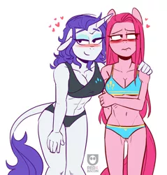 Size: 978x1022 | Tagged: safe, artist:redxbacon, derpibooru import, pinkie pie, rarity, anthro, earth pony, unicorn, abs, alternate hairstyle, bedroom eyes, belly button, bikini, blushing, breasts, clothes, duo, eyeshadow, female, image, jpeg, leonine tail, lesbian, makeup, pinkamena diane pie, raripie, shipping, simple background, swimsuit, tail, white background
