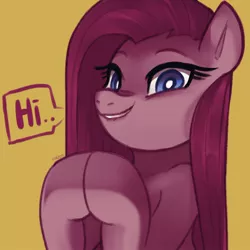 Size: 1310x1309 | Tagged: safe, artist:maren, derpibooru import, pinkie pie, earth pony, pony, doodle, image, jpeg, lip bite, looking at you, pinkamena diane pie, simple background, talking to viewer, yellow background