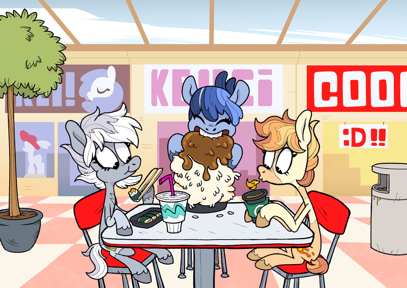 Size: 1754x1241 | Tagged: safe, artist:jimmyjamno1, derpibooru import, oc, oc:flame egg, oc:galaxy, oc:silver bolt, unofficial characters only, earth pony, pony, chopsticks, coffee, coffee cup, cup, curry, dexterous hooves, drink, eating, eyes closed, female, fire, fire breath, food, food court, hoof hold, image, jpeg, mall, mare, open mouth, rice, sitting, sushi, trio